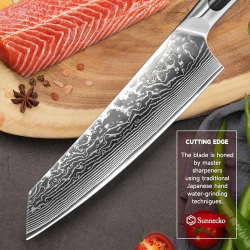 Sunnecko 8 Inch Japanese Damascus Chef Knife - Professional VG10 Super Steel Kitchen Gyuto, Ultra Sharp Meat Vegetable Slicing Cuchillo, Full Tang Ergonomic Handle, Premium Mom Gift Box for Cooking - Thumbnail 4