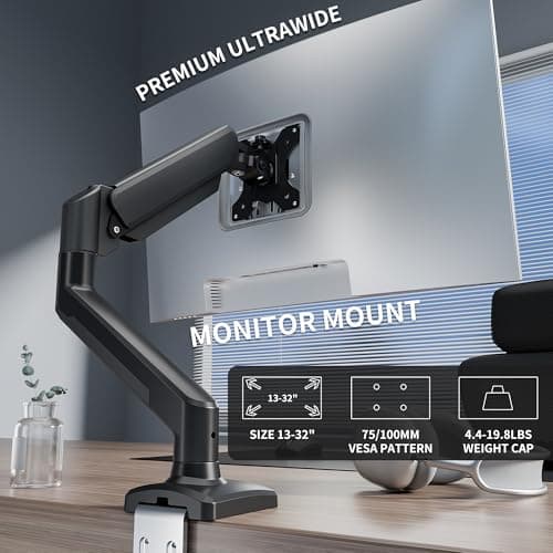Single Monitor Arm Desk Mount，Gas Spring Monitors Arm for 17-32 inch Screens,Adjustable Computer Monitors Stand up to 4.4 to 19.8 lbs,Vesa Mount with Clamp and Grommet Base, VESA 75 & 100mm,Single - Thumbnail 2