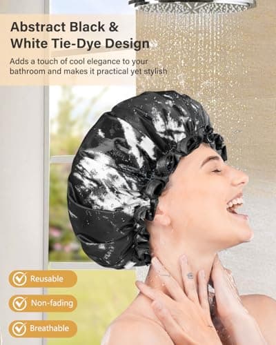 mikimini Large Shower Cap for Women Men Reusable Waterproof, Double Layer Adjustable Hair Cap with Elastic Band for Long Hair & Braids - Classic Black and White Design - Thumbnail 6