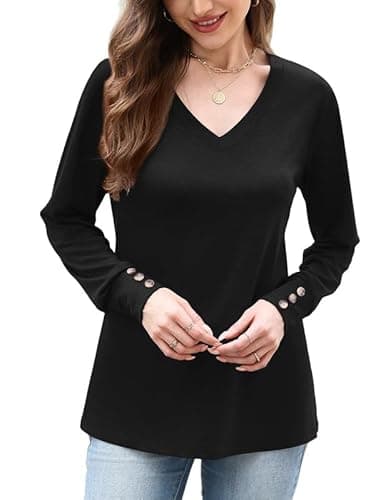 Misakia Womens Black Blosue Dressy Casual V Neck Cuff Long Sleeve Tops with Button Decor Soft Flowy Fall Outfits Work Shirts - Image 1