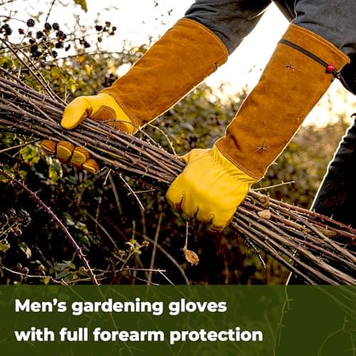 Aegend Long Gardening Gloves for Men, Reinforced Fingertips Cowhide Leather, Elbow-Length Gauntlet Cuff, Breathable & Durable for Yard Work Fit for Large Hands (Gold Yellow, XL) - Thumbnail 2