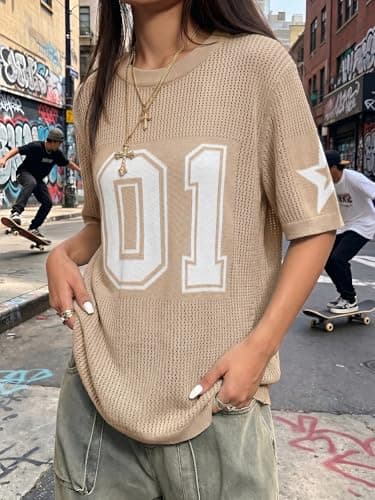 Jersey Shirts for Women Casual Number Graphic Tees Crochet Hollow Out T Shirt Y2k Short Sleeve Knit Tops Apricot - Thumbnail 4