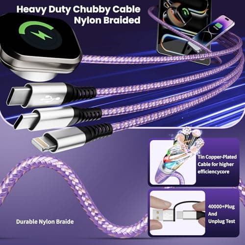 Cruise Travel Essentials 2026, Dual USB C 4 in 2 Charging Cord 5 FT, USB A/C Input, 1 C Port Data Transfer, iWatch Charger & IP, Simultaneous Charging for iPhone 17-11 iPad iWatch Series Purple, 2Pack - Thumbnail 6