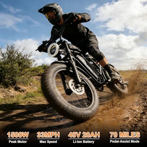 XHURDYUA Electric Bike for Adults,1500W Peak Motor&33MPH Electric Dirt Bike，48V 20AH Battery, 70Max Miles,Dual Suspension Ebikes for Adults, 20" Fat Tire E Bike（Black） - Thumbnail 2