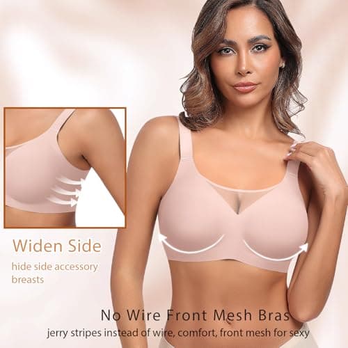Ganado Wireless Bras for Women Full Coverage Mesh Seamless Supportive Comfortable Bras No Wire T Shirt Bra Padded Bralette (Pink, Medium) - Thumbnail 4