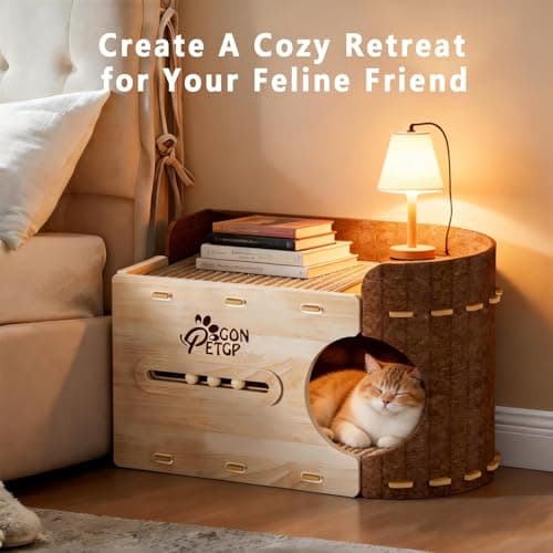 GONPETGP Large Cat Beds for Indoor Cats, Extra Wide Cat House Cave with Scratch Pad Wooden Play Ball, Foldable Felt Kittens Hideaway Condo for Multiple Small Pets - Thumbnail 5
