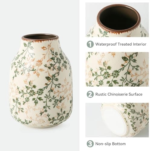 Green & Beige Vintage Chinoiserie Ceramic Vase 7.8”, Floral Rustic Decorative Vase for Living Room, Bookshelf, Office, Grandmillennial & Tuscan Decor - Thumbnail 5