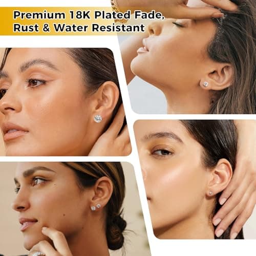 Hypoallergenic Threadless Flat Back Earrings,1 Pairs Cartilage Stud for Women Men Titanium Post 20G None Screw Easy Push in Gold Black Stainless Steel Flatback with CZ 3-7mm (Gold+Clear CZ, 5mm) - Thumbnail 3