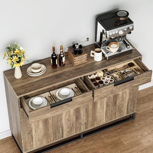 GarveeHome Sideboard Buffet Cabinet, 55-Inch Large Modern Kitchen Accent Storage Cabinet with 2 Drawers and 4 Doors, Coffee Bar Buffet Table for Kitchen and Dining Room (Retro) - Thumbnail 4