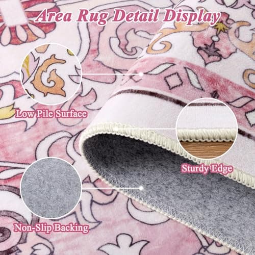 U'Artlines Pink Area Rug 5x7 Boho Washable Soft Carpet for Living Room Bedroom Dining Room Office Indoor Rugs for Home Decor - Thumbnail 2