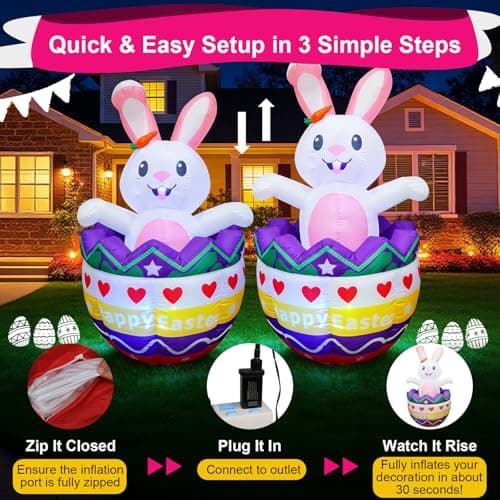 6FT Easter Inflatables Outdoor Decorations with Rotating Colorful Led Lights Inside Eggs,Up And Down Giant Inflatable Waterproof Bunny Blow Up Yard Decor Lawn Patio Lawn Party & Spring Holiday Display - Thumbnail 5