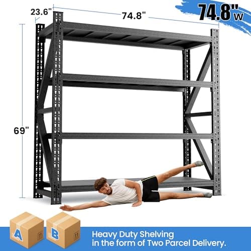 BIZOEIRON Heavy Duty Garage Storage Shelves 5000LBS Capacity, 75" Wide Metal Garage Shelving Units, 4-Tier Large Industrial Shelving for Shop Warehouse Basement Factory, 75" W x 24" D x 69" H - Thumbnail 2