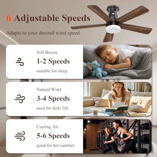 Minthouz Ceiling Fans with Lights, 42 inch Ceiling Fan with Light with APP/Remote Control, 6000K Dimmable LED, Modern Flush Mount Ceiling Fan for Indoor Bedroom Living Room, DC Reversible, Black - Thumbnail 4