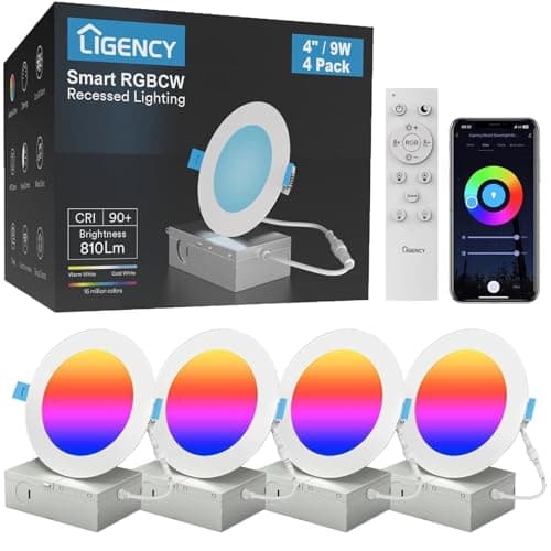 Ligency 4-Pack 4 Inch Smart Recessed Lighting, 9W 810LM Ultra-Thin Canless LED Downlight, RGBW Color Changing Wi-Fi Ceiling Light with Junction Box, Alexa/Google App Control - No Housing Required - Image 1