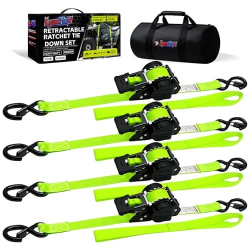 Retractable Ratchet Straps (4-Pack) - Heavy Duty Auto Slow Retraction Tie Down Straps - 1 Inch x 13 Feet (1,800lb Break Strength) for Truck, Cargo Trailer, Motorcycle, ATV, UTV - Green - Image 1