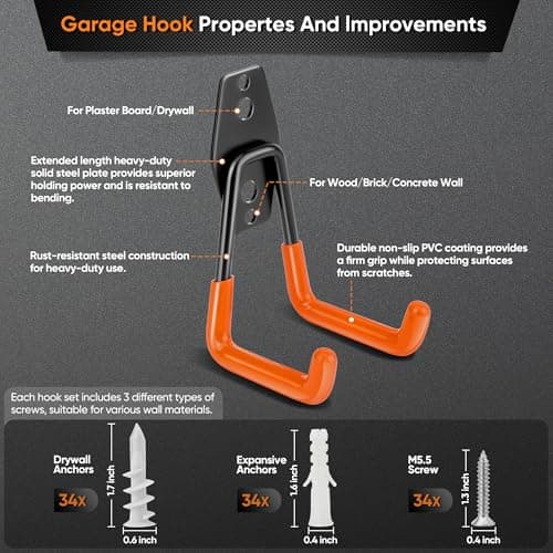 Nacial 18 Pack Garage Hooks Heavy Duty, Utility Steel Garage Storage Hook with 2 Extension Cord Storage Straps, Utility Garage Wall Mount Hooks for Hanging Bike, Ladder and Garden Tools, Orange - Thumbnail 3