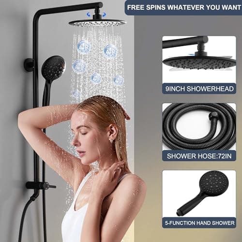 SonTiy Rain Shower System with 9Inch Rainfall Showerhead and Handheld with Height Adjustable Holder, High Pressure Stainless Steel Shower Rail Kit, 72Inch Long Shower Hose, 2.5Gpm, Black - Thumbnail 3