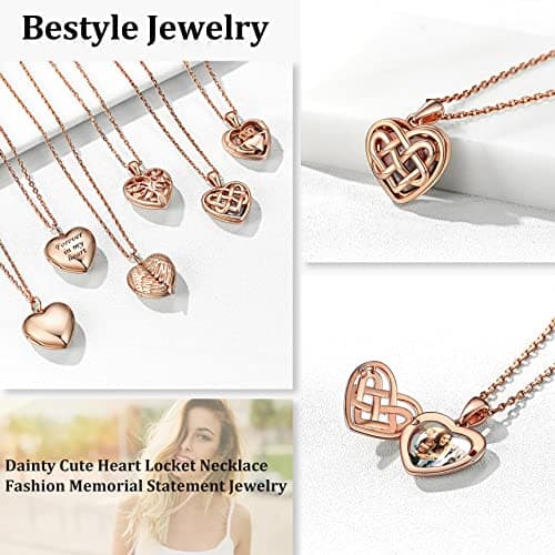 Bestyle Silver Heart Locket Rose Gold Plated Celtic Knot Pendant Necklace Memorial Message Photo Locket Necklace for Women, Love Statement Necklace Gift, 18“+2” Chain - Thumbnail 4