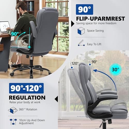 PU Leather Executive Office Chair, Ergonomic High-Back Computer & Gaming Chair with Adjustable Height, Rolling Swivel & Flip-Up Armrests, Comfy Padded Seat for Home Office-Gray - Thumbnail 6