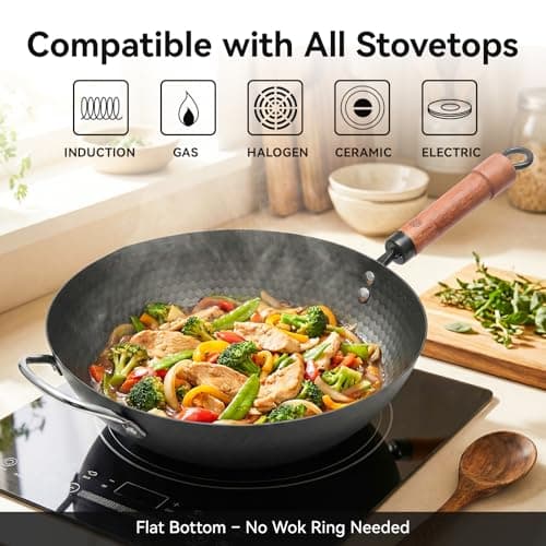 WANGYUANJI Carbon Steel Wok Pan, 12.6 Inch Flat Bottom Stir Fry Pan with Lid, Uncoated Heavy Duty Iron Wok for Induction and Gas Stoves - Thumbnail 4