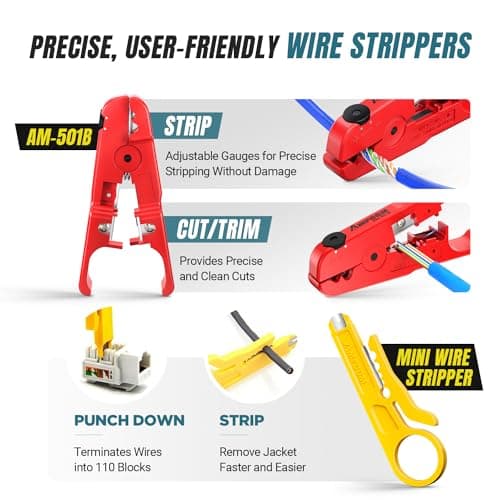 AMPCOM Ethernet Crimping Tool Kit 9-in-1 Pass Through RJ45/RJ11 Network Tool Kit for STP Cat7/6A UTP Cat6/5E/5 RJ45 Connectors with 110 Punch Down Tool Wire Stripper in Portable Waterproof Bag - Thumbnail 4