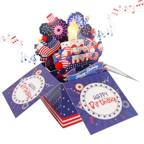 Happy Birthday Cards Fireworks, 250th Anniversary Birthday Card, American Flag Card, Lights, Music 3D Pop Up Birthday Cake Gift Card with Envelope & Note Tag for Veterans, Grandfathers, Fathers & Boys - Thumbnail 2