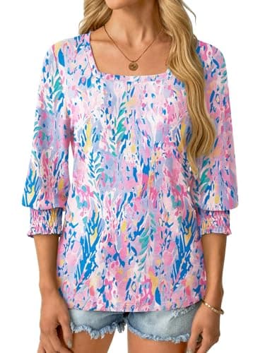 GKBK Womens 3/4 Sleeve Shirts Square Neck Dressy Casual Blouses Spring Summer Smocked Cuffs Tops - Thumbnail 2