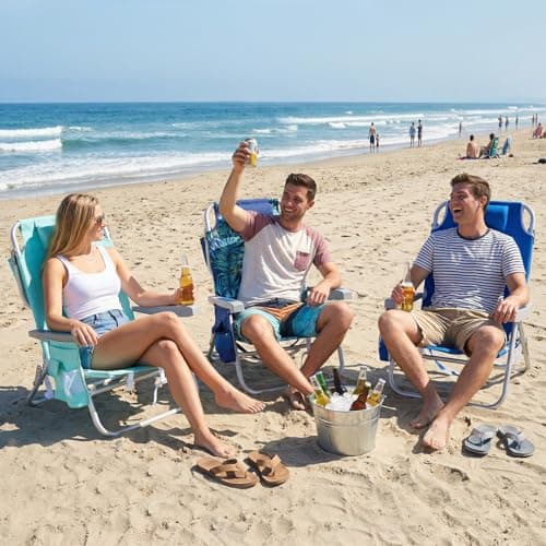 SUNNYFEEL Low Beach Chair, 5-Position Lay Flat Reclining, Backpack Portable Folding Chair with Cooler Bag & Cup Holder, Heavy Duty 350 LBS, Compact for Beach, Camping, Travel (New Blue) - Thumbnail 2