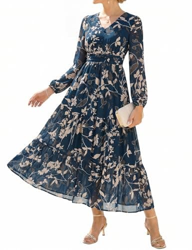 GRACE KARIN Women's Floral Long Sleeve Dress,Wedding Guest Dresses,Maxi Dress Dark Blue Green with Rice Leaves XXL - Image 1