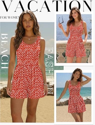 Ekouaer Rompers for Women Summer Romper Sleeveless Scoop Neck Short Jumpsuits for Women Beach Jumpsuit with Pockets 2026 Red Floral Small - Thumbnail 5