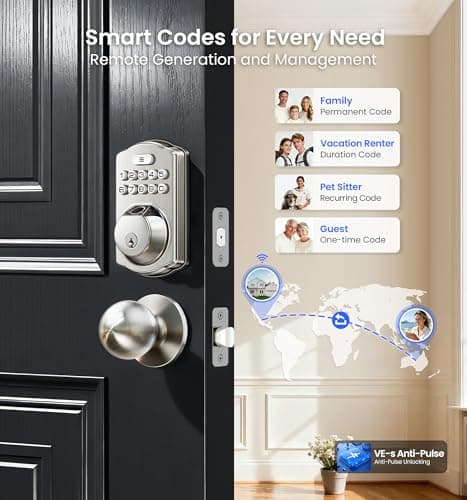 Veise VE012W-K Built-in WiFi Fingerprint Smart Lock with 2 Knobs, No Hub Needed, Remote APP Control, Keyless Entry Door Lock, Smart Deadbolt for Front Door, Auto Locking, Satin Nickel - Thumbnail 4