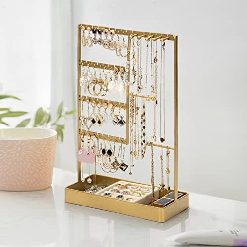 PiQi-Grecge Jewelry Organizer, 4-Tier Earring Holder Organizer with Metal Tray, Jewelry Holder Stand for Necklaces Stud Earrings Bracelets and Rings, Earring Organizer (Gold) - Thumbnail 5