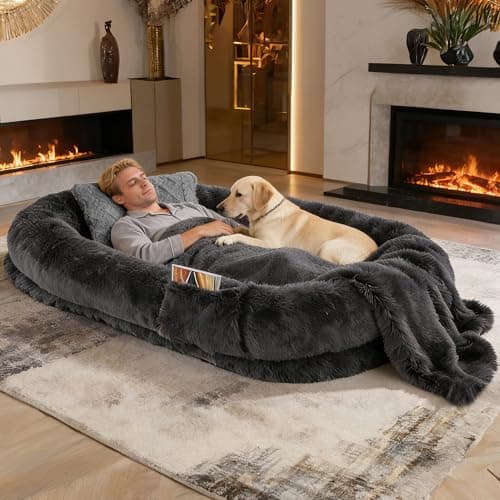 Human Dog Bed - 71''x45''x12'' Size Fits You and Pets, Washable Faux Fur Pet Bed for People Doze Off, Napping Orthopedic Dog Bed, Present Plump Pillow, Blanket, Strap - Dark Grey - Image 1