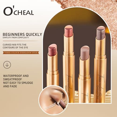 O'CHEAL 3 Color Gradient Eyeshadow Stick Matte Shimmer Waterproof Long-lasting Crease-proof & easy to apply, suitable for dailymakeup touch-ups，Eye shadow pen for Make Up 03#Fine Glitter Orange - Thumbnail 5