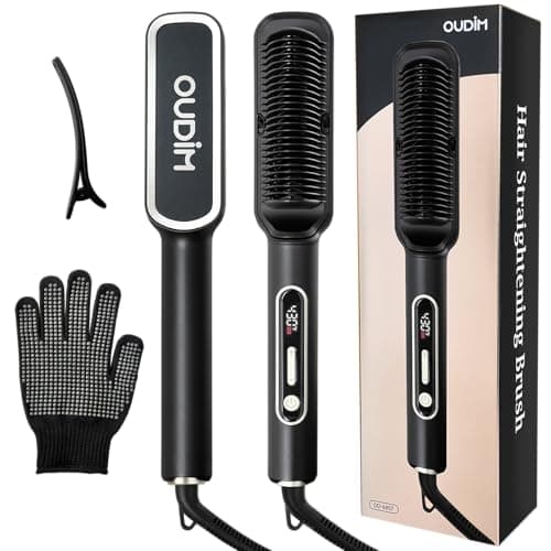 Professional Ionic Hair Straightening Brush with LED Display, 6 Temp Settings 245°F-430°F, 30s Fast Heating, PTC Heating & NTC Temp Control, Anti-Scald Design, Auto Shut-Off, 360° Swivel Cord