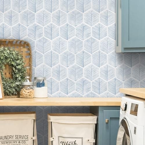 MelunMer Modern Peel and Stick Wallpaper Boho Contact Paper for Cabinets/Drawers 393In L 17.3In W Self Adhesive Removable Wallpaper for Bedroom/Bathroom Waterproof Geometric Contact Paper Blue/White - Thumbnail 6