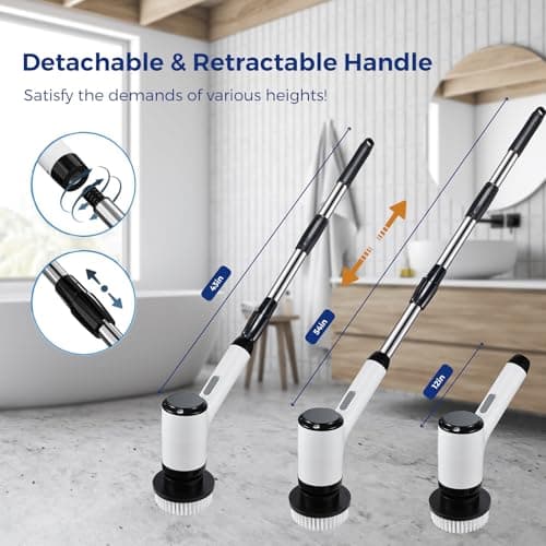 Electric Spin Scrubber, Cordless Power Cleaning Brush with 8 Replaceable Heads, 2 Adjustable Speeds, LED Display & Long Handle, Ideal for Bathroom Tub Tile Floor Car Cleaning - Thumbnail 3