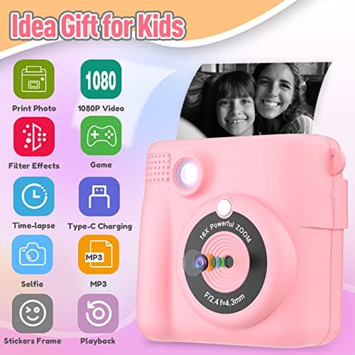 ESOXOFFORE Instant Print Camera for Kids, Christmas Birthday Gifts Girls Boys Age 3-12, HD Digital Video Cameras Toddler, Portable Toy 3 4 5 6 7 8 9 10 Year Old Girl with 32GB SD Card-Pink - Thumbnail 2