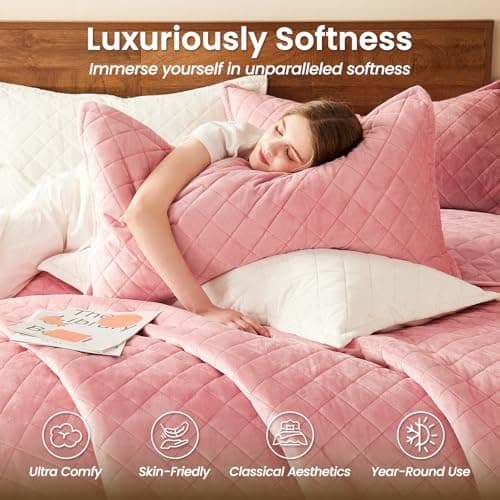L'AGRATY Velvet Quilt King Size: 3-Piece Reversible Luxury Velvet Bedding Comforter Set - Lightweight Oversized Quilted Bedspread Coverlet with 2 Pillow Sham for All Season - Pink Quilt - Thumbnail 3
