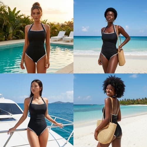 Hilor Women's One Piece Swimsuits Tummy Control Slimming High Waisted Bathing Suit Scalloped Halter 1 Piece Swimsuit Black 10 - Thumbnail 2