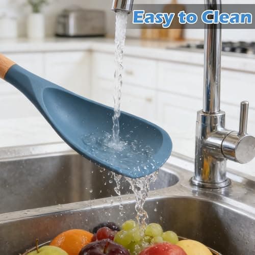 Cooking Spoon Set for Non-Stick Cookware - Wooden Handle & Multifunction Cooking Spoon Spatula, Heat-Resistant Kitchen Utensils for Stirring, Mixing, Serving (1 PACK, BLUE, 11.4) - Thumbnail 5