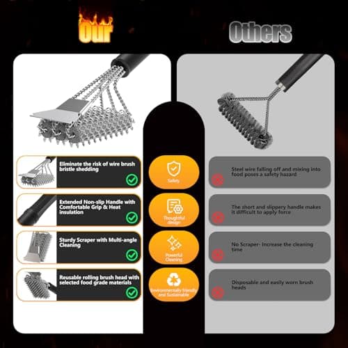 HOUSE AGAIN Grill Brush and Scraper Bristle Free, 304 Stainless Steel Brush Head Non Metal Bristles, Safe Steam Outdoor Grill Cleaning BBQ Grill Accessories for Smoker/Porcelain/Weber Gas/Charcoal - Thumbnail 3