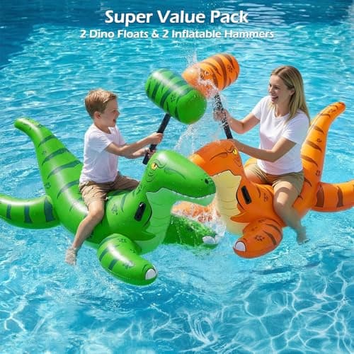 Jasonwell Pool Games Toys Floats -2Pack Inflatable Dinosaur Pool Floats with Blow Up Toy Hammers Ride on Pool Floaties for Kids Teens Adults Lounge Raft Summer Lake Beach Party Decorations (GN&Org XL) - Thumbnail 3