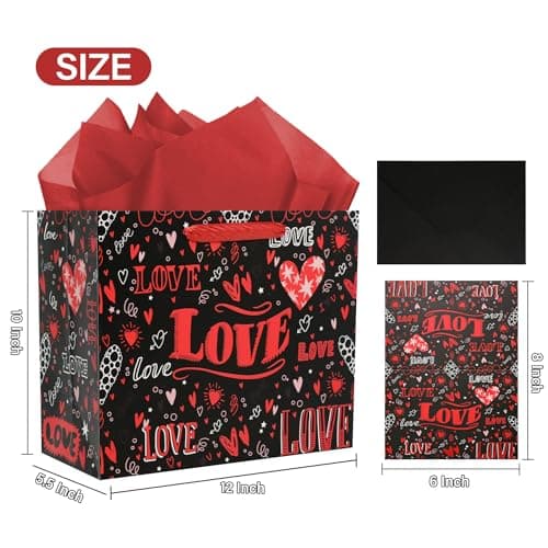 Love Black Gift Bag Card - 10"H x 12"L Love-Themed Gift Bag with Ribbon Handle 3 Red Tissue Papers Folding Card Black Envelope Romantic Gift Wrapping for Anniversary Date Night Wedding for Wife Best Friends Family Mother Birthday - Thumbnail 3