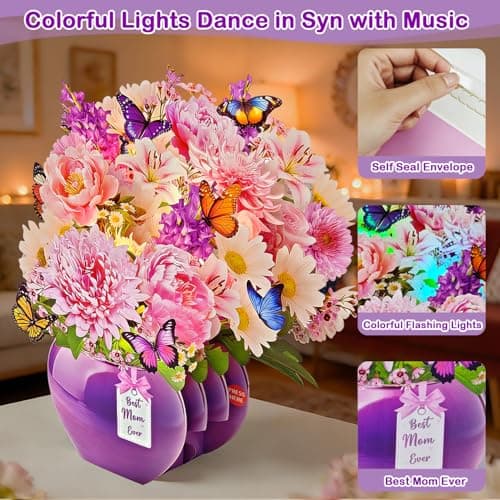 XUNXMAS Mother’s Day Card, Happy Birthday Card Peony Flower Bouquet Design, Forever Flower Bouquet Mothers day Card, 3D Pop Up Birthday Card for Mom with Music&Lights, Anniversary for Wife, Mother, Her - Thumbnail 4