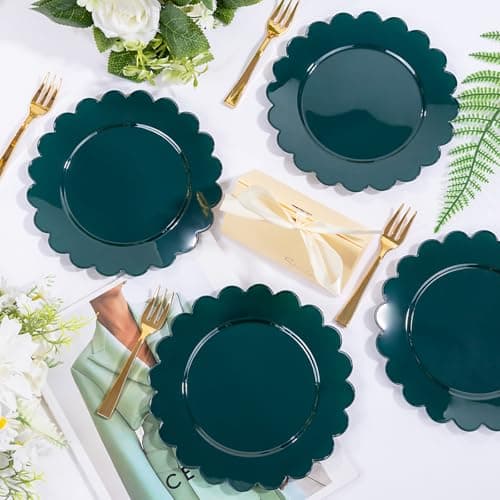 LIYH 200 Pcs Dark Green Dessert Plates - Disposable Cake Plates with Gold Forks, Gold Dessert Forks 5", Plastic Cake Plate 7.5" for Holiday Party - Thumbnail 2