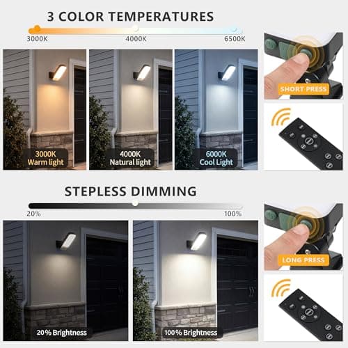 ROVEXO Wireless Motion Sensor Outdoor Light, 10000mAh Rechargeable Battery Wall Light,3-Mode,3CCT Dimmable, Outdoor Security Light with Remote, IP65 Waterproof for Yard Garage Pathway,Fences(1PK) - Thumbnail 2