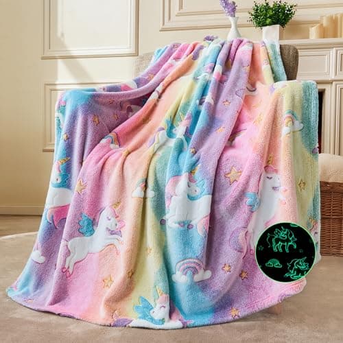 Joiedomi Glow in The Dark Blanket - Unicorns Gifts Toys for Girls Age 2 3 4 5 6 7 8 9 10 11 12 Year Old - Soft Cozy Flannel Kids Throw Blanket, Birthday Bedroom Decor 50"×60" - Image 1