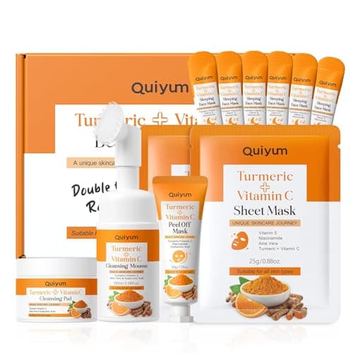 QUIYUM Turmeric + Vitamin C Facial Skincare Set - 5-in-1 Cleansing Kit for Oil Skin Types, Hydrating, Even Tone, Include Cleansing Mousse& Pads, 2Pcs Sheet Mask, Peel Off Mask, 6Pcs Sleeping Mask - Image 1