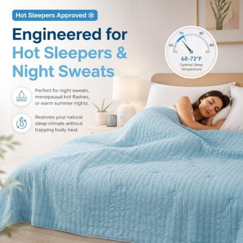 Fuzzysense Cooling Comforter Queen Size – Q-Max 0.4 Seersucker Reversible Cooling Blanket, Lightweight Breathable Summer Quilt for Hot Sleepers & Night Sweats, Ice Blue - Thumbnail 2